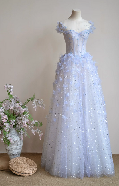 Dreamy Illusion Neck Blue Prom Dress Sequins Appliques A-Line Evening Dress GG7306