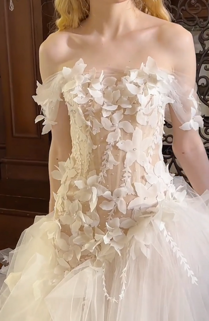 Fascinating Off-Shoulder Appliques Wedding Dress Sequins Tulle Mermaid Bridal Dress GG7307