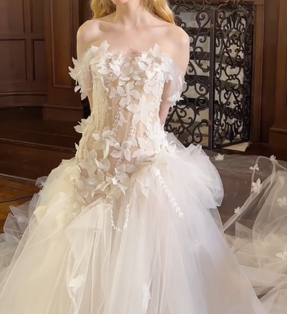 Fascinating Off-Shoulder Appliques Wedding Dress Sequins Tulle Mermaid Bridal Dress GG7307