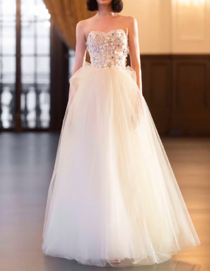 Glam Strapless Wedding Dress Appliques Sequins Tulle A-Line Bridal Dress GG7308