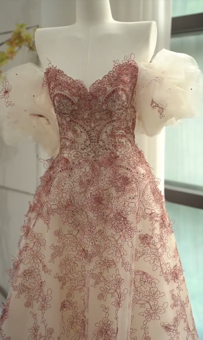 Alluring Off-Shoulder Red Prom Dress Appliques Tulle A-Line Evening Dress GG7309