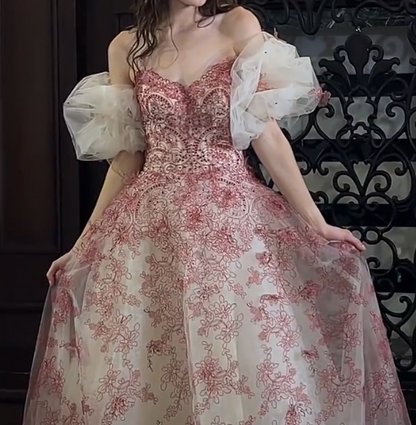 Alluring Off-Shoulder Red Prom Dress Appliques Tulle A-Line Evening Dress GG7309