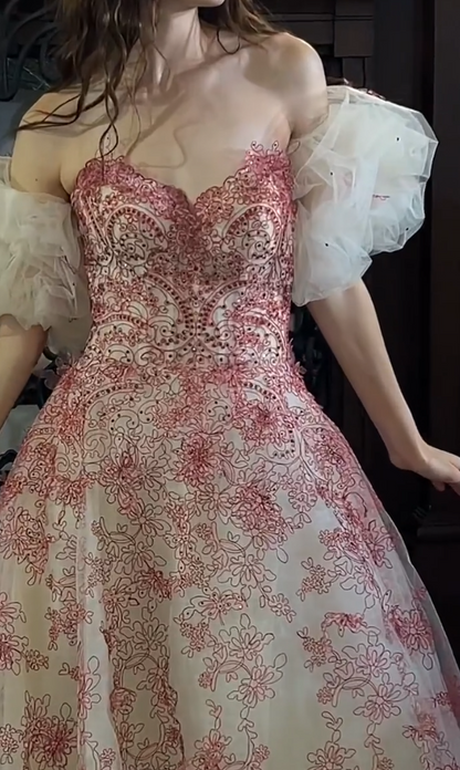 Alluring Off-Shoulder Red Prom Dress Appliques Tulle A-Line Evening Dress GG7309