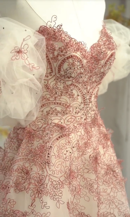 Alluring Off-Shoulder Red Prom Dress Appliques Tulle A-Line Evening Dress GG7309