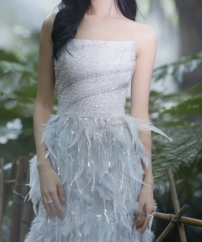 Glittering Strapless Grey Prom Dress Sequins Feathers Sheath Evening Dress GG7311