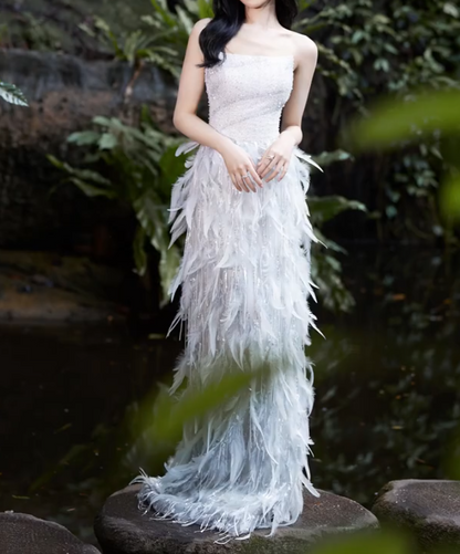 Glittering Strapless Grey Prom Dress Sequins Feathers Sheath Evening Dress GG7311