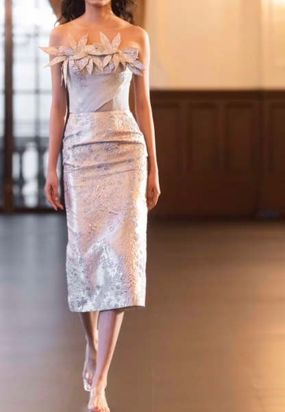 Vintage Strapless 3D Floral Prom Dress Jacquard Sheath Evening Dress GG7312