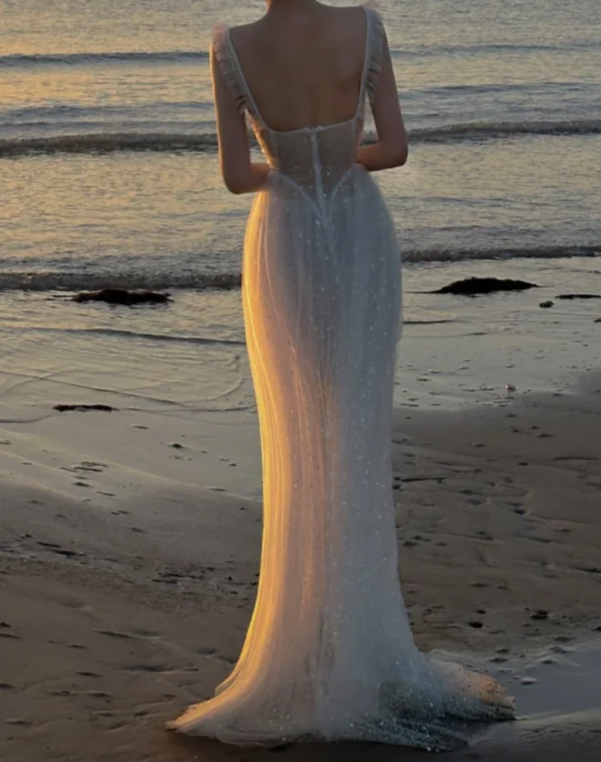 Sparkling Spaghetti Straps Prom Dress Sequins Tulle Mermaid Evening Dress GG7313