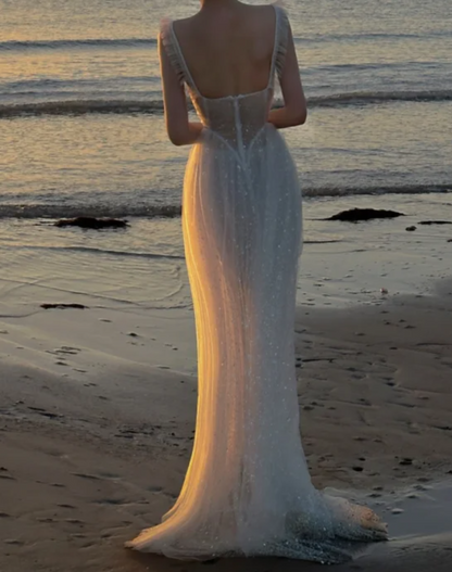 Sparkling Spaghetti Straps Prom Dress Sequins Tulle Mermaid Evening Dress GG7313