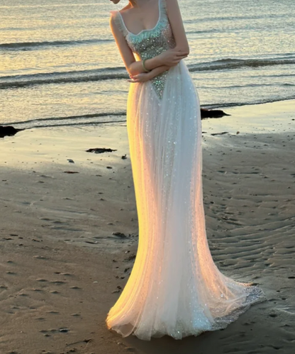 Sparkling Spaghetti Straps Prom Dress Sequins Tulle Mermaid Evening Dress GG7313