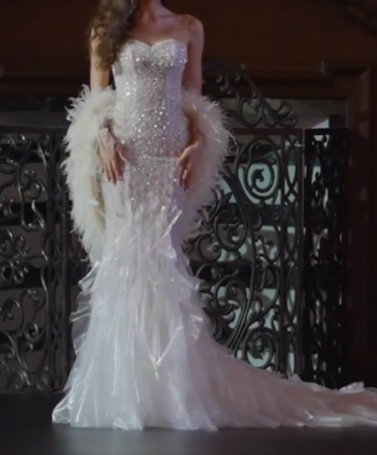 Lustrous Spaghetti Straps White Prom Dress Sequins Ruffles Mermaid Evening Dress GG7314