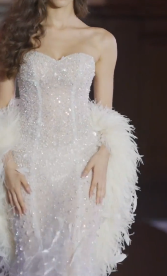 Lustrous Spaghetti Straps White Prom Dress Sequins Ruffles Mermaid Evening Dress GG7314