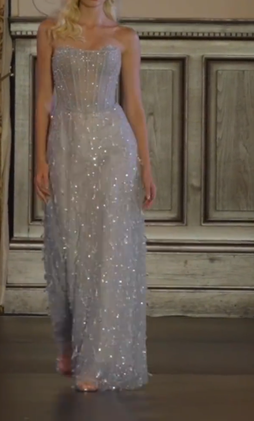 Dreamy Strapless Blue Prom Dress Sequins Rhinestones A-Line Evening Dress GG7318