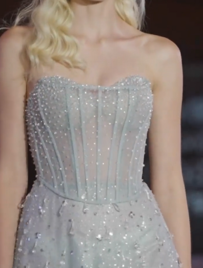 Dreamy Strapless Blue Prom Dress Sequins Rhinestones A-Line Evening Dress GG7318