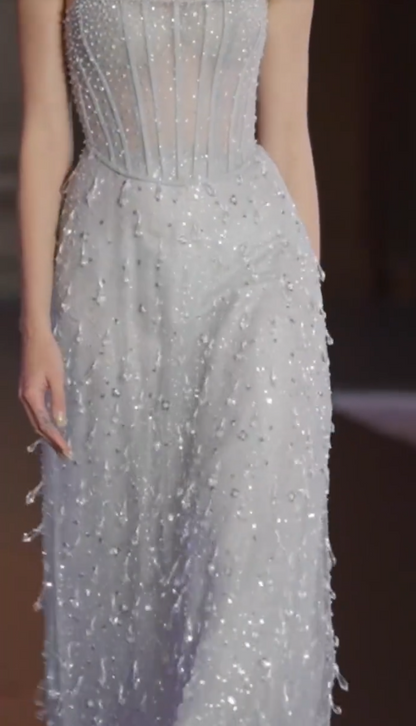 Dreamy Strapless Blue Prom Dress Sequins Rhinestones A-Line Evening Dress GG7318