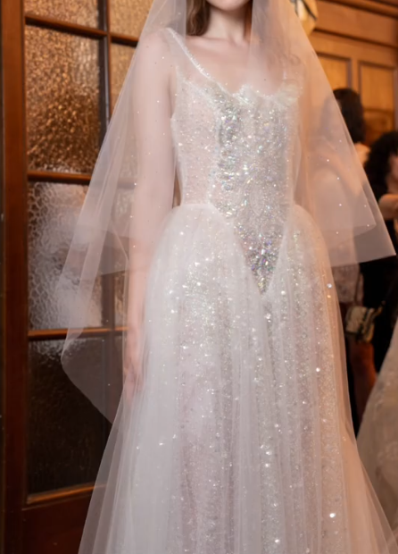 Luxurious Spaghetti Straps Beaded Prom Dress White Sequins Tulle A-Line Evening Dress GG7320