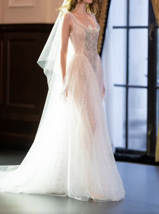 Luxurious Spaghetti Straps Beaded Prom Dress White Sequins Tulle A-Line Evening Dress GG7320