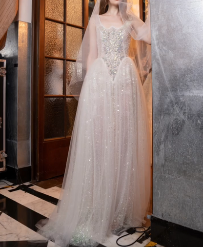 Luxurious Spaghetti Straps Beaded Prom Dress White Sequins Tulle A-Line Evening Dress GG7320