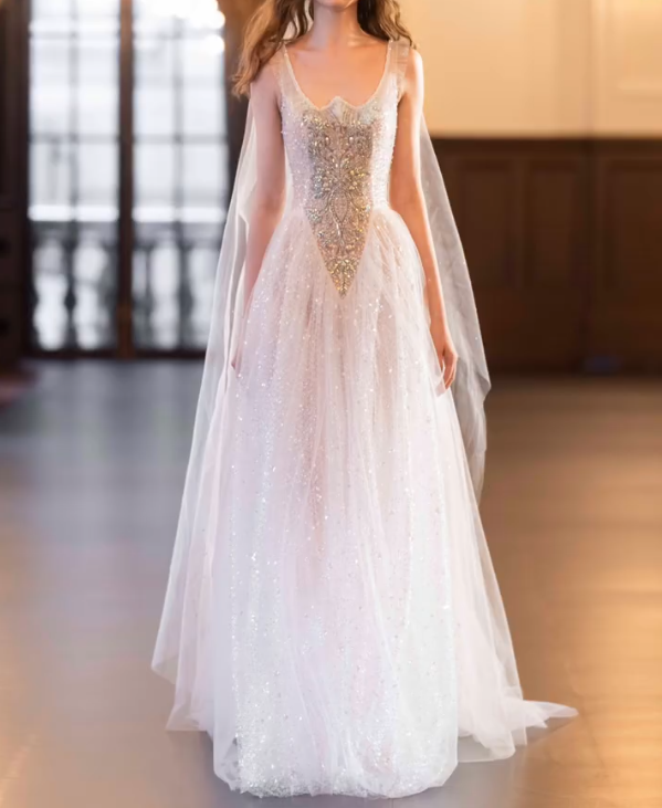 Luxurious Spaghetti Straps Beaded Prom Dress White Sequins Tulle A-Line Evening Dress GG7320