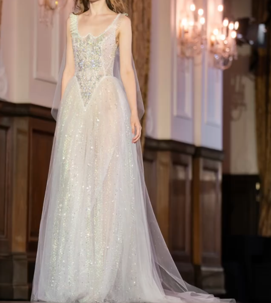 Luxurious Spaghetti Straps Beaded Prom Dress White Sequins Tulle A-Line Evening Dress GG7320