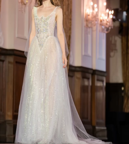 Luxurious Spaghetti Straps Beaded Prom Dress White Sequins Tulle A-Line Evening Dress GG7320