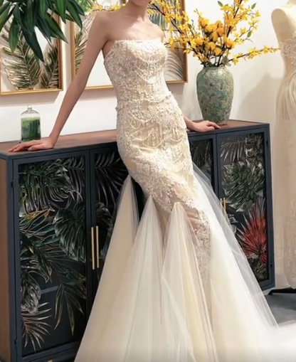 Glamorous Strapless Ivory Prom Dress Beaded Appliques Tulle Mermaid Evening Dress GG7322