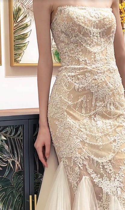 Glamorous Strapless Ivory Prom Dress Beaded Appliques Tulle Mermaid Evening Dress GG7322