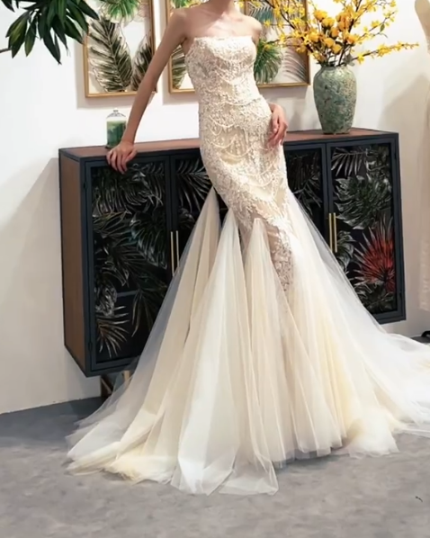 Glamorous Strapless Ivory Prom Dress Beaded Appliques Tulle Mermaid Evening Dress GG7322