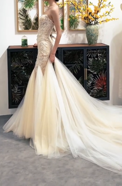 Glamorous Strapless Ivory Prom Dress Beaded Appliques Tulle Mermaid Evening Dress GG7322