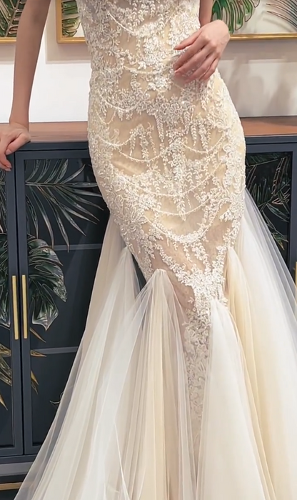 Glamorous Strapless Ivory Prom Dress Beaded Appliques Tulle Mermaid Evening Dress GG7322