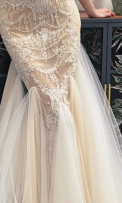 Glamorous Strapless Ivory Prom Dress Beaded Appliques Tulle Mermaid Evening Dress GG7322