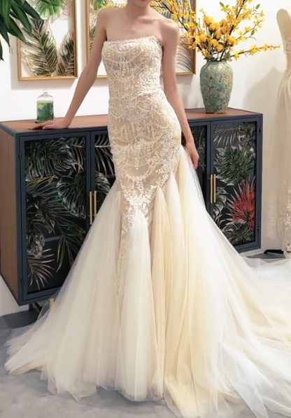 Glamorous Strapless Ivory Prom Dress Beaded Appliques Tulle Mermaid Evening Dress GG7322