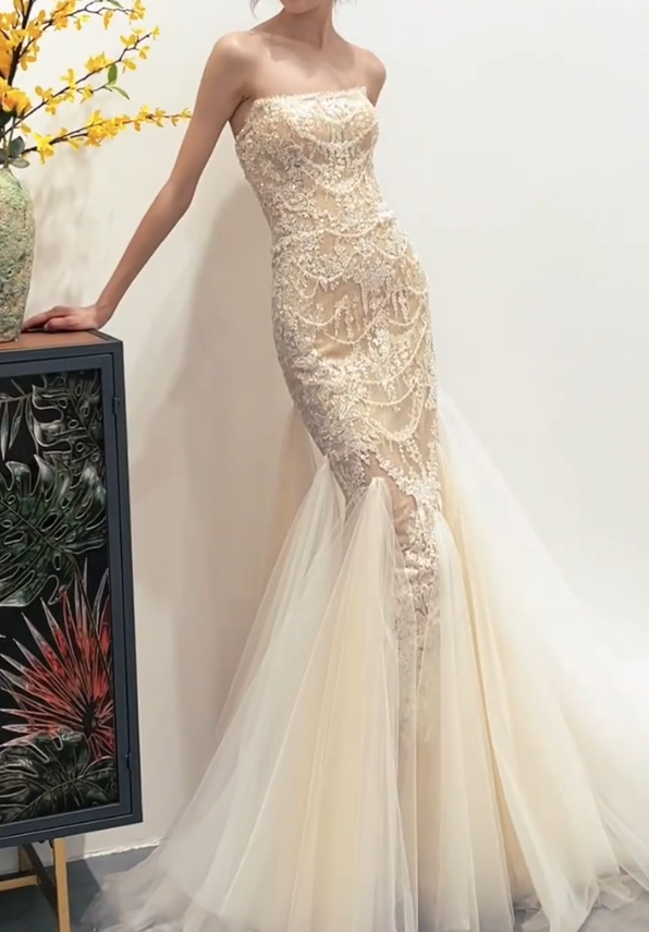 Glamorous Strapless Ivory Prom Dress Beaded Appliques Tulle Mermaid Evening Dress GG7322