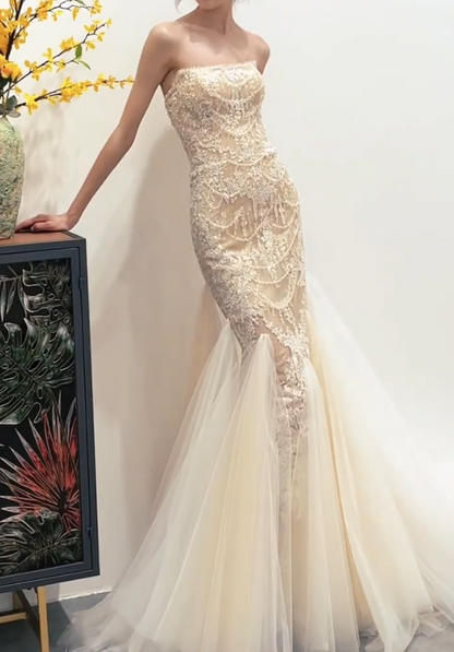 Glamorous Strapless Ivory Prom Dress Beaded Appliques Tulle Mermaid Evening Dress GG7322