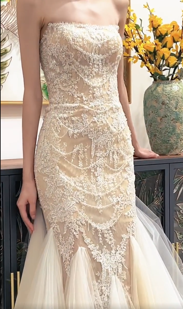 Glamorous Strapless Ivory Prom Dress Beaded Appliques Tulle Mermaid Evening Dress GG7322