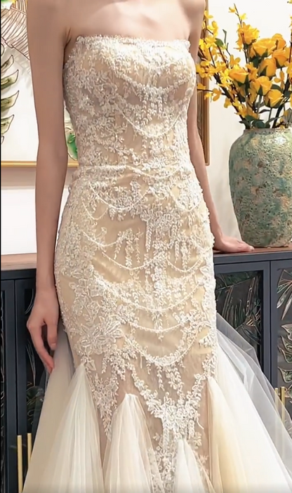 Glamorous Strapless Ivory Prom Dress Beaded Appliques Tulle Mermaid Evening Dress GG7322