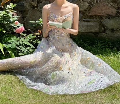 Vibrant Spaghetti Straps Prom Dress Floral Sequins A-Line Evening Dress GG7323