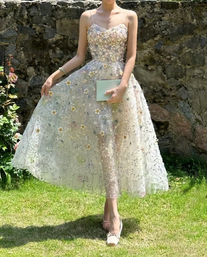 Vibrant Spaghetti Straps Prom Dress Floral Sequins A-Line Evening Dress GG7323
