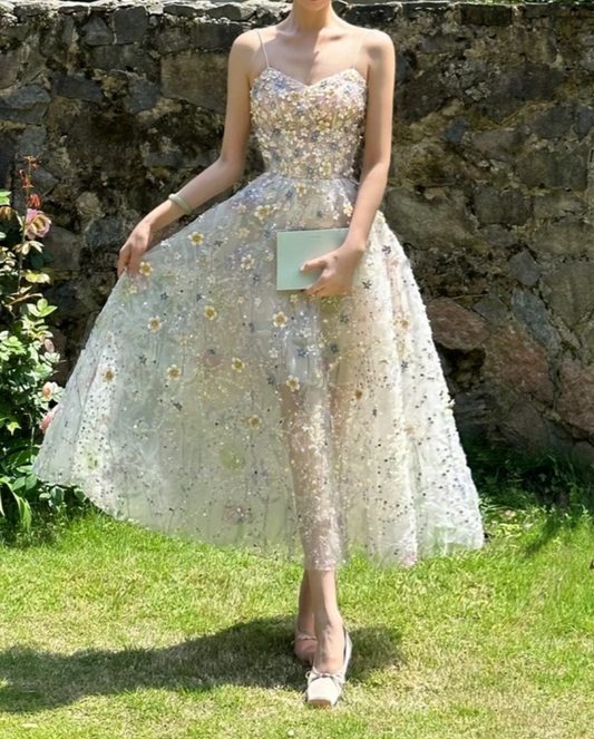Vibrant Spaghetti Straps Prom Dress Floral Sequins A-Line Evening Dress GG7323