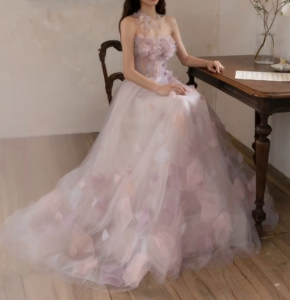 Dreamy Halter Neck Tulle Prom Dress Pink Appliques A-Line Evening Dress GG7325