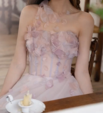 Dreamy Halter Neck Tulle Prom Dress Pink Appliques A-Line Evening Dress GG7325