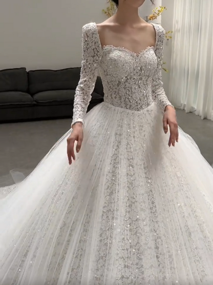 Trendy Square Neck Long Sleeve Wedding Dress Lace Sequins A-Line Bridal Dress GG7326