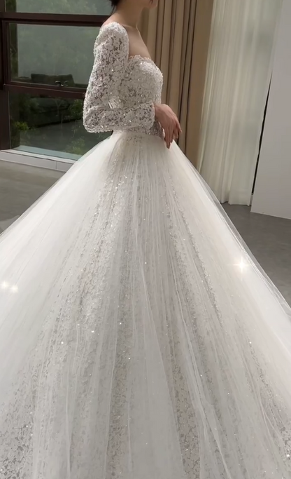 Trendy Square Neck Long Sleeve Wedding Dress Lace Sequins A-Line Bridal Dress GG7326