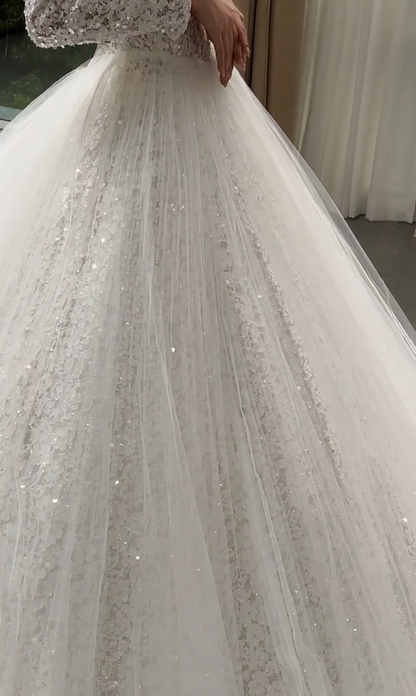 Trendy Square Neck Long Sleeve Wedding Dress Lace Sequins A-Line Bridal Dress GG7326