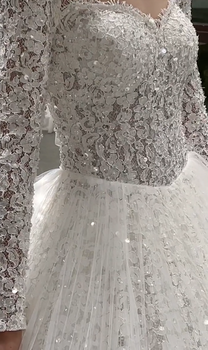 Trendy Square Neck Long Sleeve Wedding Dress Lace Sequins A-Line Bridal Dress GG7326