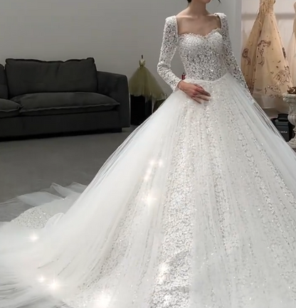 Trendy Square Neck Long Sleeve Wedding Dress Lace Sequins A-Line Bridal Dress GG7326