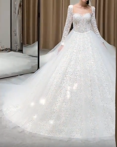 Trendy Square Neck Long Sleeve Wedding Dress Lace Sequins A-Line Bridal Dress GG7326