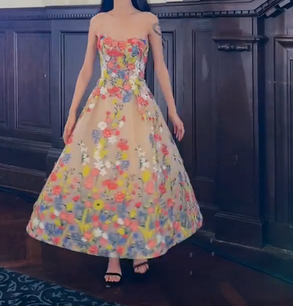 Sweet Strapless Floral Prom Dress Appliques Sequins A-Line Evening Dress GG7327