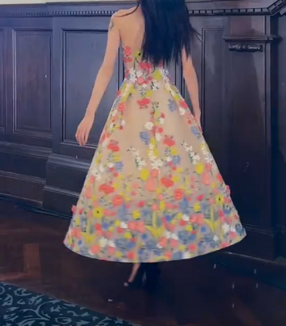 Sweet Strapless Floral Prom Dress Appliques Sequins A-Line Evening Dress GG7327