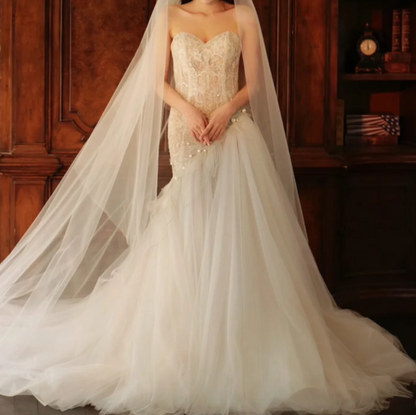 Romantic Strapless Beads Wedding Dress Lace Tulle Mermaid Bridal Dress GG7329